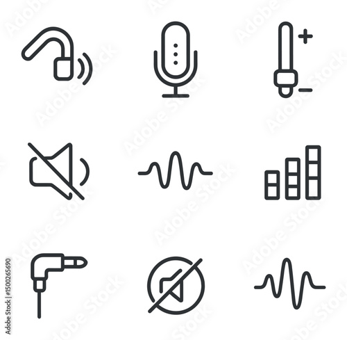 Audio Components Icons. Outline icon set of audio components: bone conduction speaker, microphone array, volume slider, noise