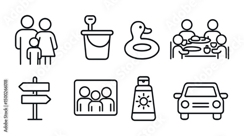 Family vacation icons set – outline, linear, travel and holiday symbols