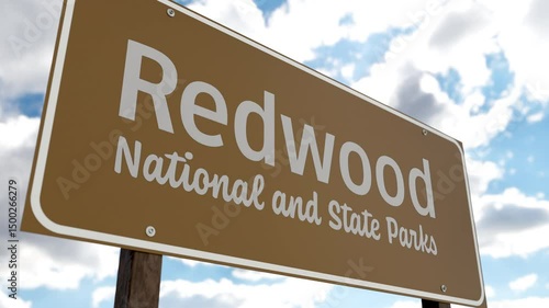Redwood National and State Parks (California) Road Sign Against Blue Sky and Clouds. One of The US National Parks Series.