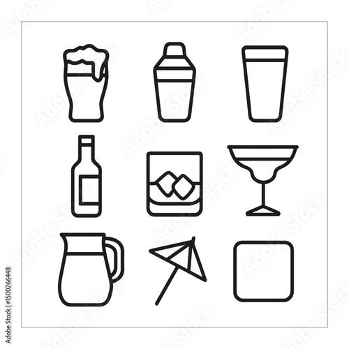 Bar Icon Set. Outline icon set of bar beverages: draft beer glass, cocktail shaker, pint glass, wine bottle, whiskey tumbler,