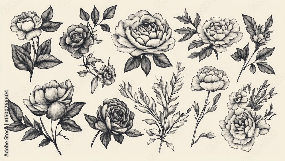 custom made wallpaper toronto digitalVintage botanical illustrations of roses and peonies