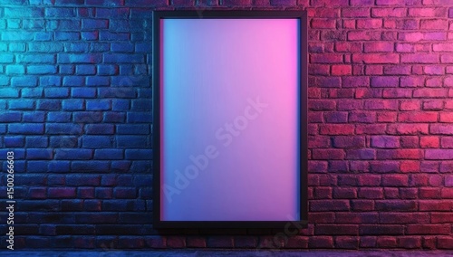 Blank billboard on brick wall, lit by vibrant neon lights