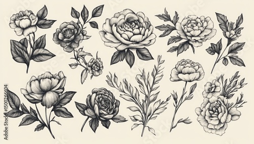 Wallpaper Mural Vintage botanical illustrations of roses and peonies Torontodigital.ca