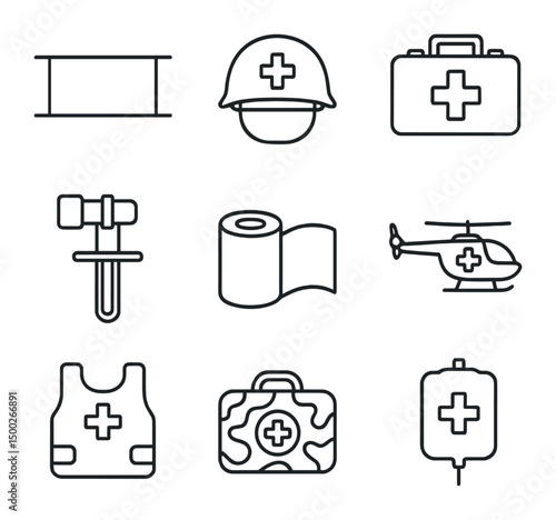 Battlefield Medicine Icons. Outline icon set of battlefield medicine: field stretcher, medic helmet, combat first aid kit,