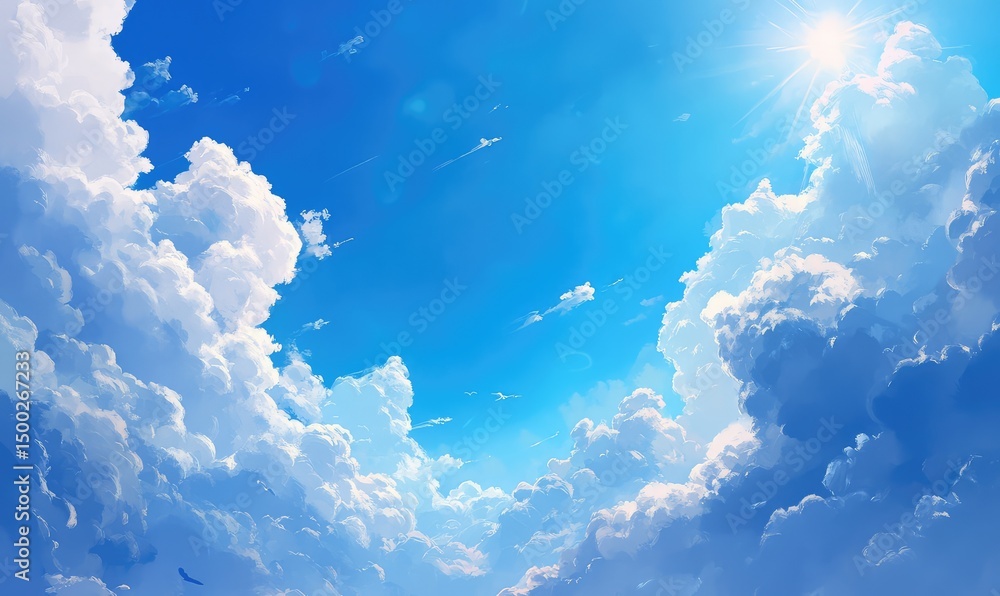 Naklejka premium High-resolution view of bright blue sky with soft, fluffy white clouds. AI generated illustration.