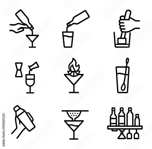 Bartending Technique Icons. Outline icon set of bartending techniques: flair pour, free pour, muddling, layering, flaming garnish,