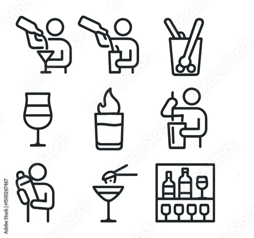 Bartending Technique Icons. Outline icon set of bartending techniques: flair pour, free pour, muddling, layering, flaming garnish,