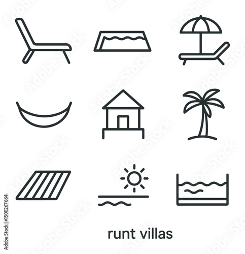 Beachfront Villa Icons. Outline icon set of beachfront villas: lounge chair, infinity pool, beach umbrella, sunbed, hammock, villa