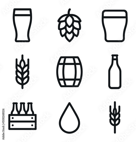 Beer Style Icons. Outline icon set of beer style varieties: pilsner glass, IPA hop cone, stout pint, wheat beer sheaf, porter