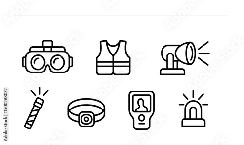 Safety equipment icons set for emergency and rescue situations