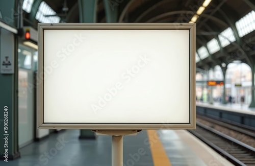 Fototapeta Naklejka Na Ścianę i Meble -  Blank advertising poster screen hangs in railway station. Empty billboard for ad space, mockup. Public transport concept. Message board for information, advertisement. Urban environment for