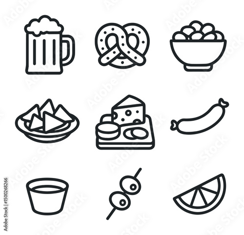 Beer Snack Icons. Outline icon set of beer mug and snack pairings: beer mug, pretzel, peanuts bowl, nachos plate, cheese board,