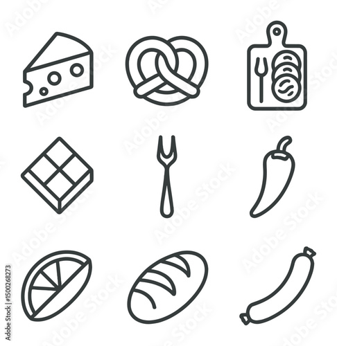 Beer Pairing Icons. Outline icon set of beer and food pairing: cheese wedge, pretzel knot, charcuterie board, chocolate piece,