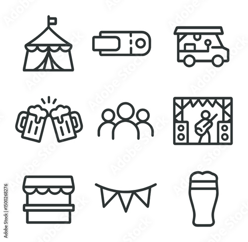 Beer Festival Icons. Outline icon set of beer festival and event: festival tent, ticket wristband, food truck, live band stage,