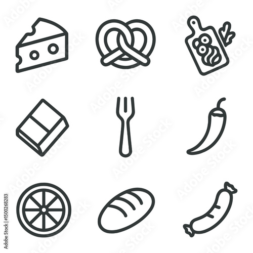 Beer Pairing Icons. Outline icon set of beer and food pairing: cheese wedge, pretzel knot, charcuterie board, chocolate piece,