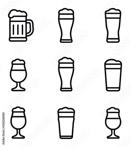 Beer Icon Set. Outline icon set of beer varieties: lager, pilsner, stout, IPA, wheat beer, porter, saison, amber ale, sour. Line
