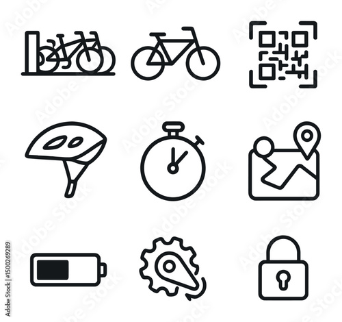 Bike-Sharing Icons Set. Outline icon set of bike-sharing systems: dock station, bicycle silhouette, QR code scan, helmet, rental