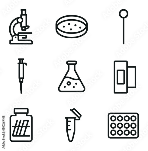 Biology Lab Icon Set. Outline icon set of biology lab tools: compound microscope, Petri dish, inoculation loop, micropipette,