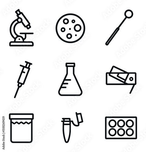 Biology Lab Icon Set. Outline icon set of biology lab tools: compound microscope, Petri dish, inoculation loop, micropipette,