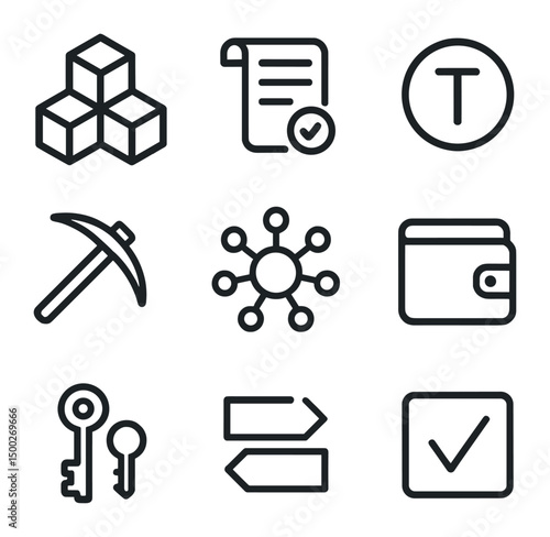 Blockchain Icon Set. Outline icon set of blockchain-enabled enterprises: blockchain cube, smart contract scroll, token coin,