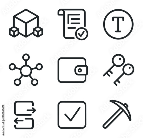 Blockchain Icon Set. Outline icon set of blockchain-enabled enterprises: blockchain cube, smart contract scroll, token coin,