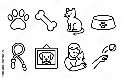 Pet care outline icons set – linear, silhouette, animal wellness symbols