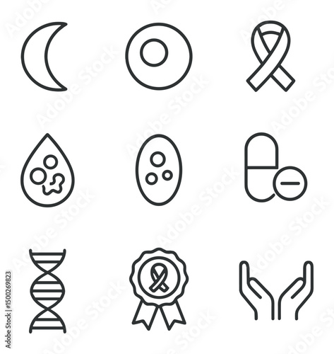 Blood Disorders Icons. Outline icon set of blood disorders awareness: sickle cell, anemia cell, leukemia ribbon, clotting disorder