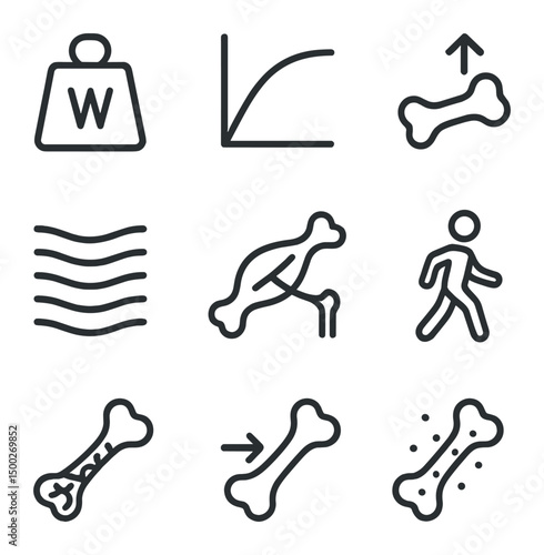 Biomechanical Healing Icons. Outline icon set of biomechanical stimulation of healing: mechanical load weight, stress-strain curve