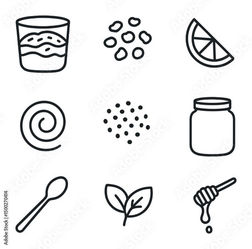 Breakfast Parfait Icons. Outline icon set of breakfast parfait with jam: yogurt layer, granola sprinkle, fruit slice, jam swirl,