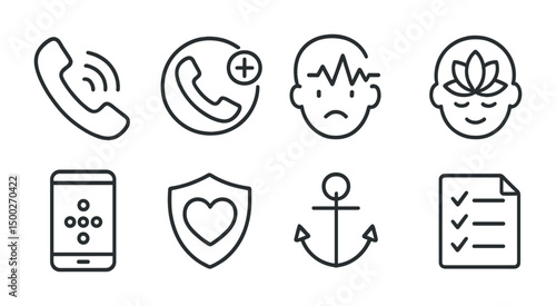 Communication and wellness line icons set – outline, phone, mindfulness symbols
