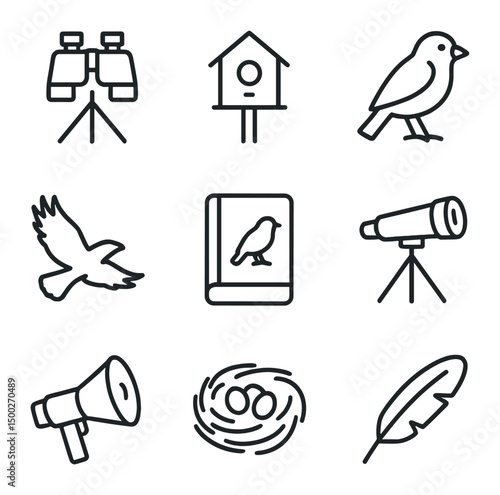 Bird Watching Icons. Outline icon set of bird watching: binoculars on tripod, birdhouse, perched sparrow, eagle silhouette, field