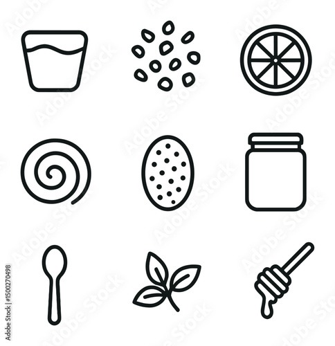 Breakfast Parfait Icons. Outline icon set of breakfast parfait with jam: yogurt layer, granola sprinkle, fruit slice, jam swirl,