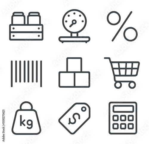 Bulk Savings Icons. Outline icon set of bulk purchase savings: crate of cans, scale, percent sign, barcode, stacked boxes,