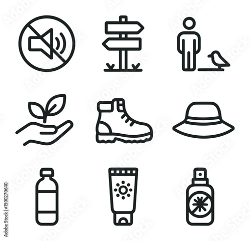 Birdwatching Safety Icons. Outline icon set of safety & etiquette in birdwatching: no loud noise sign, trail marker, distance