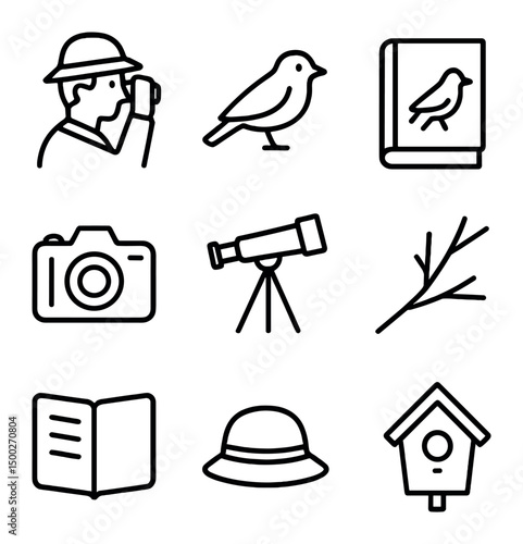 Birdwatching Icon Set. Outline icon set of man birdwatching: binoculars, bird silhouette, field guide, camera, spotting scope,