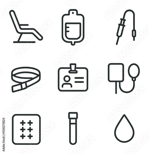 Blood Donation Icons. Outline icon set of blood donation process: donation chair, blood bag, needle, tourniquet, donor ID card,