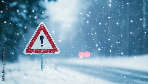 Snowy road with caution sign