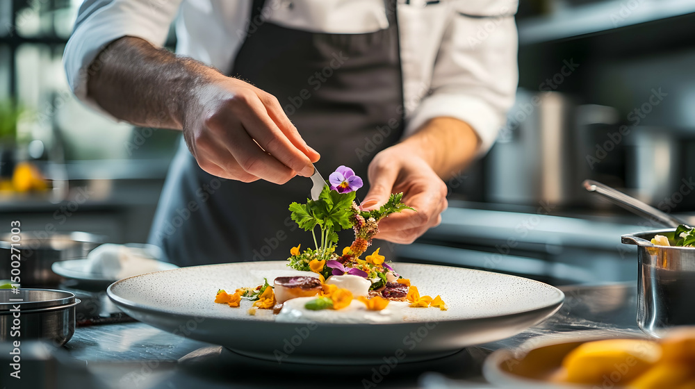 Chef garnishing a plant based des 82186 Chef garnishing a plant based des 82186