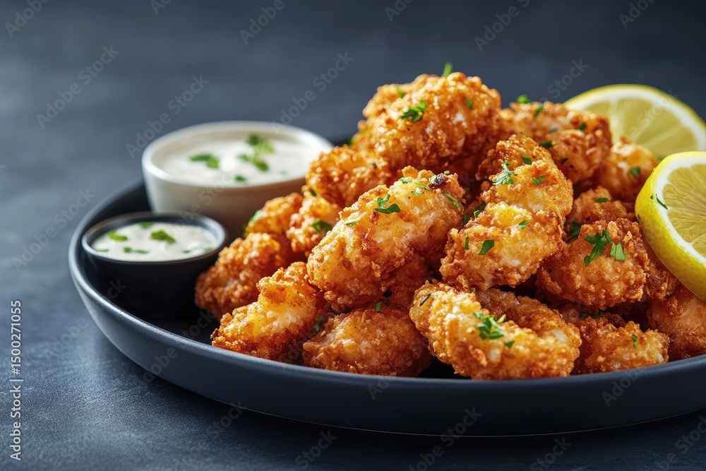 Crispy, golden-brown, breaded shrimp piled high on a dark plate, alongside dipping sauces and lemon wedges Crispy, golden-brown, breaded shrimp piled high on a dark plate, alongside dipping sauces and lemon wedges