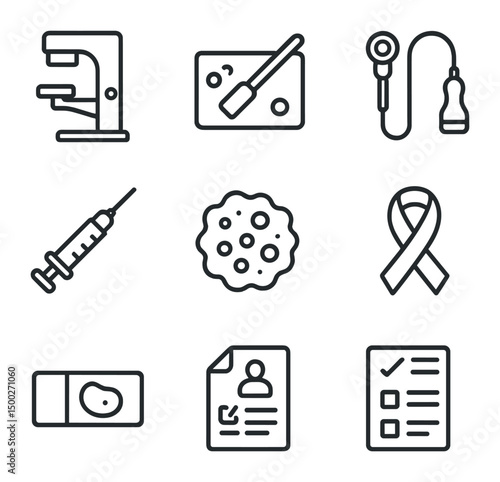 Cancer Screening Icons. Outline icon set of cancer screenings: mammography unit, pap smear slide, colonoscopy scope, biopsy needle