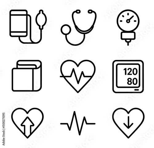 Blood Pressure Icons. Outline icon set of blood pressure measurement: sphygmomanometer, stethoscope, pressure gauge, cuff wrap,