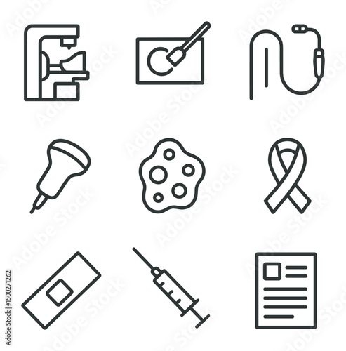 Cancer Screening Icons. Outline icon set of cancer screenings: mammography unit, pap smear slide, colonoscopy scope, biopsy needle