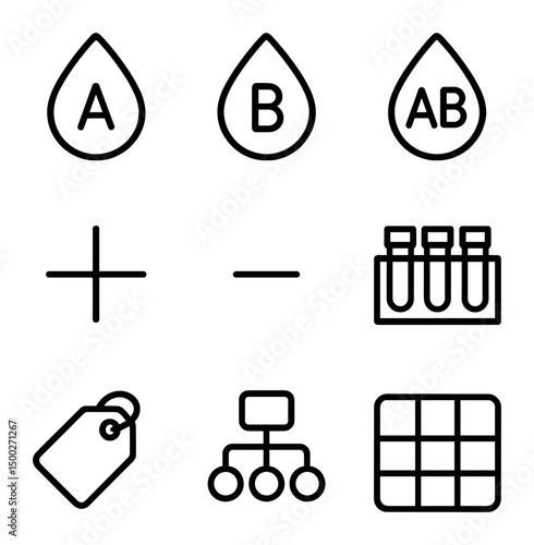 Blood Type Icons. Outline icon set of blood type classification: A type drop, B type drop, AB type drop, O type drop, Rh factor