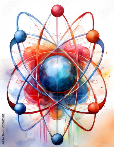 A vibrant watercolor depiction of an atomic structure with orbiting electrons and a central nucleus