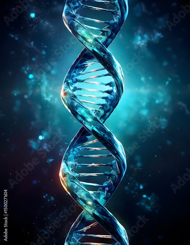 A vibrant, glowing blue double helix of DNA, representing genetic information and scientific advancement