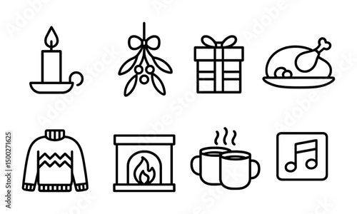 Christmas and holiday outline icons set – linear, festive, celebration symbols