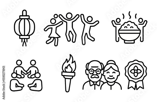 Cultural celebration outline icons set – flat, linear, festival and heritage symbols