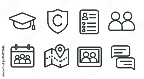 Education and communication outline icons set – line, flat, academic symbols