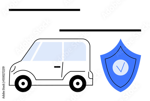 Minimalist compact car graphic next to shield with checkmark, highlighting protection, safety, auto insurance, transport, ownership, policy reliability. Ideal for auto insurance, security ads