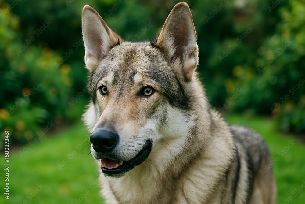 A close-up portrait of a majestic wolfdog, showcasing its stunning features and vibrant personality against a lush green background filled with blooming plants. A close-up portrait of a majestic wolfdog, showcasing its stunning features and vibrant personality against a lush green background filled with blooming plants.